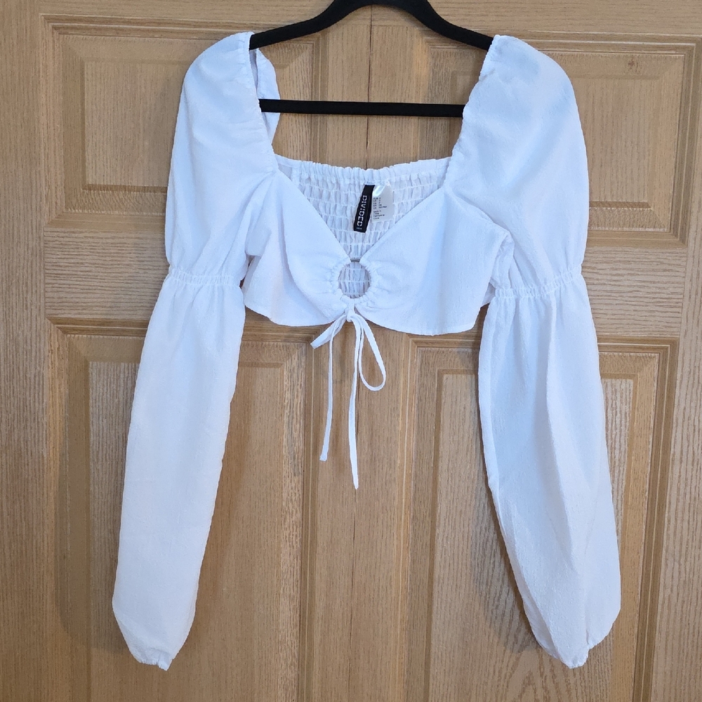 H&M White Puff Smocked Boho Cropped Shirt Sz S